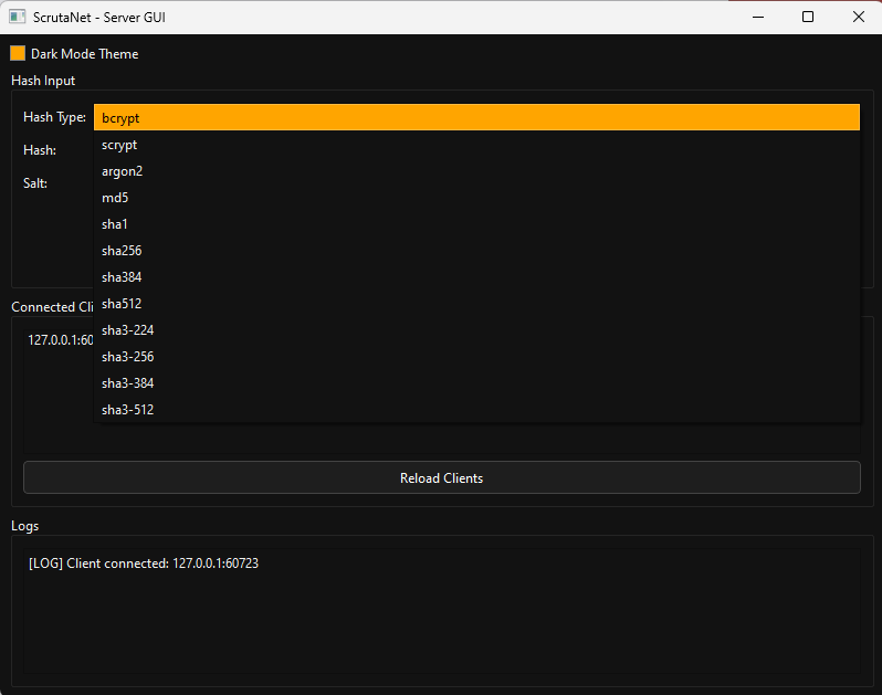 Server GUI Hash Types screenshot